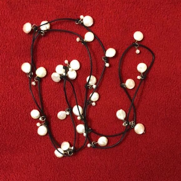 Handmade Macrame Waxed Cotton Knotted Cord Necklace with Pebble Shaped Perales - Picture 1 of 9